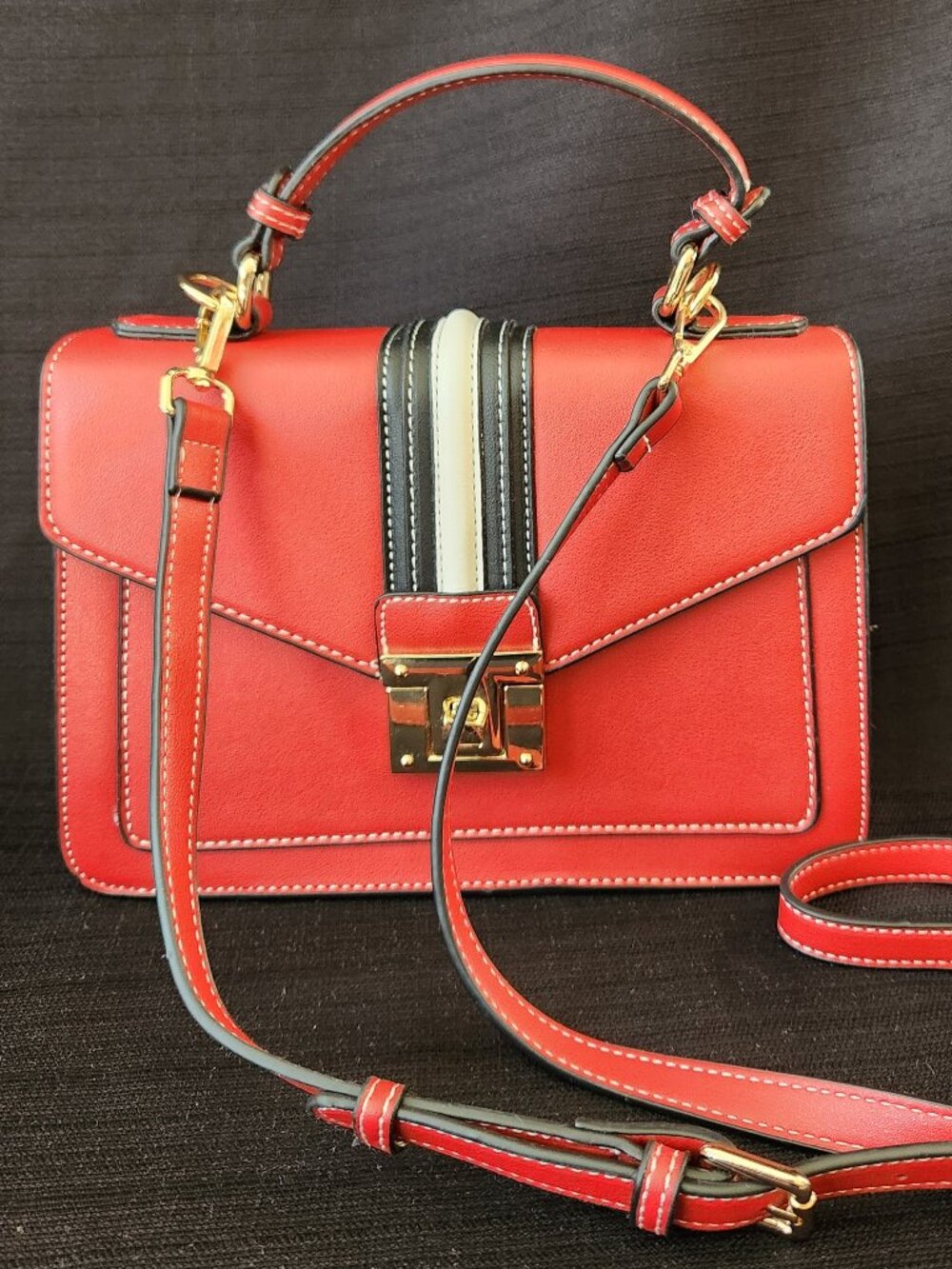 Scarleton Women's Satchel Handbag Red White Black Flap Crossbody Bag Adj Strap